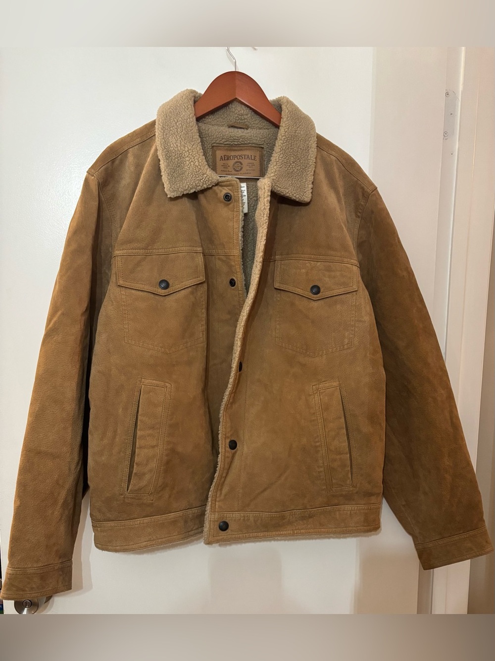 Vintage Aéropostale Tan Suede Leather Sherpa Lined Jacket Men Size Extra Large